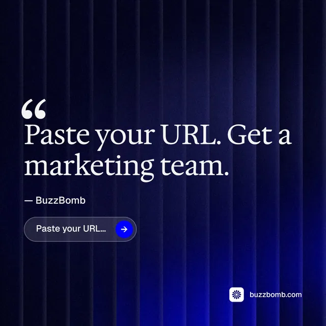 Instagram post for BuzzBomb: "Your AI marketing team." Agentic glass style, quote layout, dark palette in black, blue, grey.
