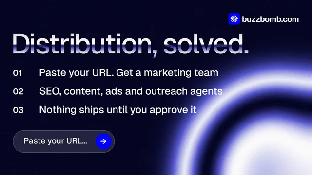 Landscape graphic for BuzzBomb: "Distribution, solved." Agentic glass style, numbered layout, dark palette in black, blue.