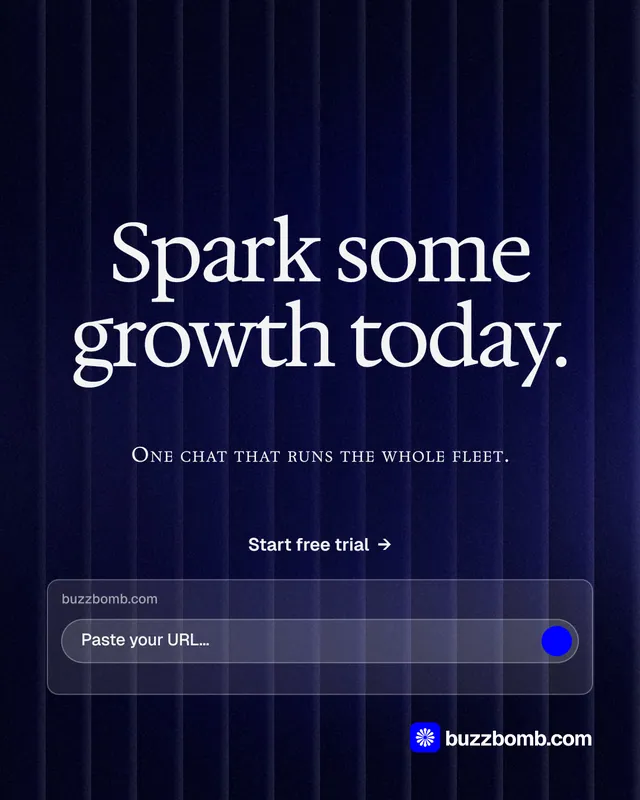 Instagram portrait post for BuzzBomb: "Spark some growth today." Agentic glass style, smallcaps layout, dark palette in black, blue, grey.