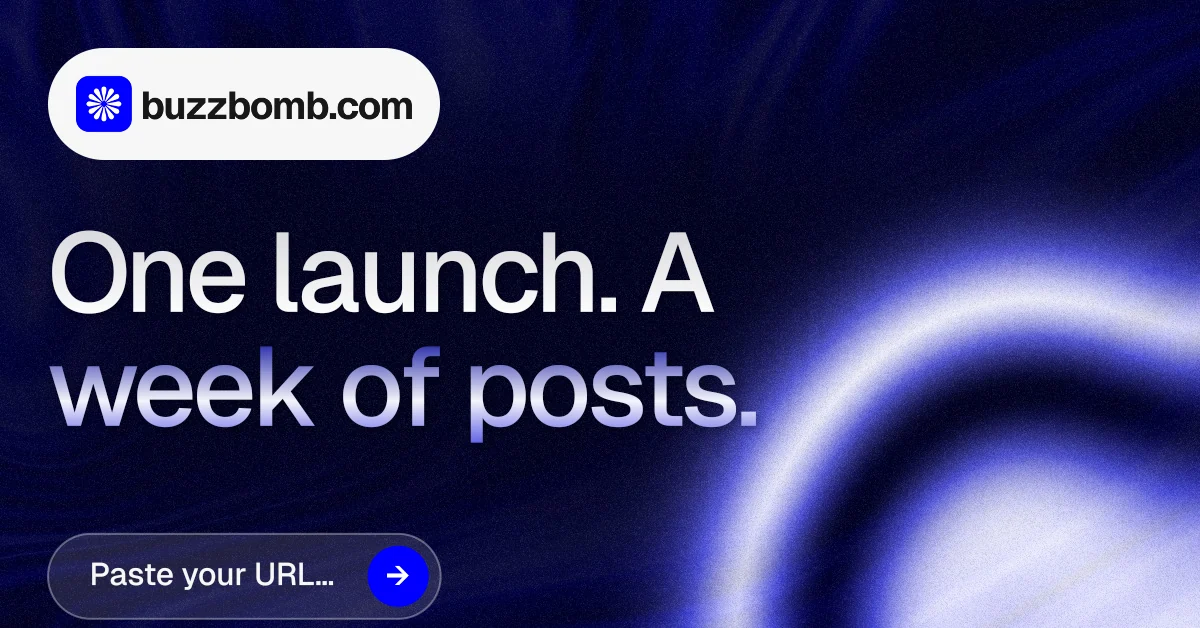 Social ad for BuzzBomb: "One launch. A week of posts." Agentic glass style, announce layout, dark palette in blue, black.
