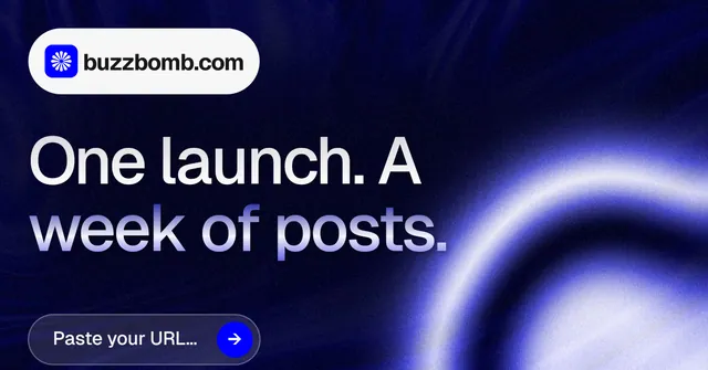 Social ad for BuzzBomb: "One launch. A week of posts." Agentic glass style, announce layout, dark palette in blue, black.