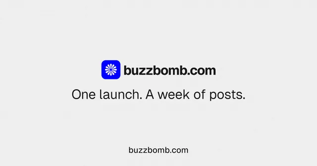 Social ad for BuzzBomb: "One launch. A week of posts." Minimal luxury style, end card layout, light palette in white.