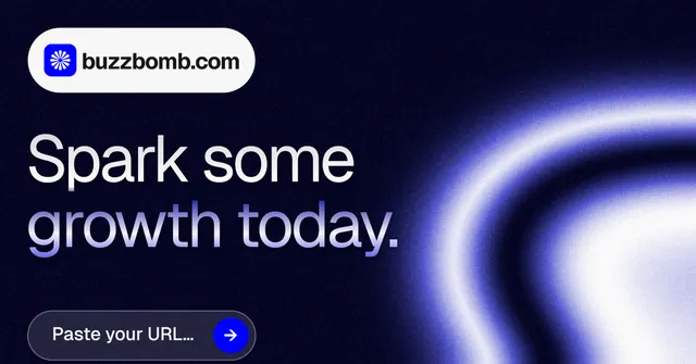 Social ad for BuzzBomb: "Spark some growth today." Agentic glass style, announce layout, dark palette in black, blue.