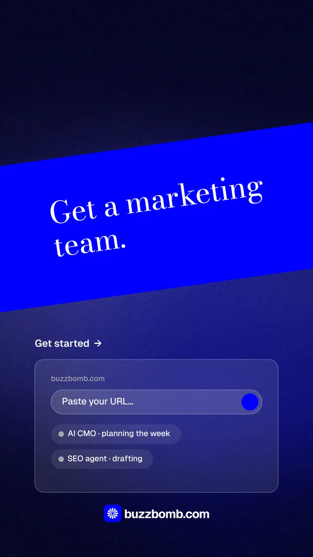 Instagram story for BuzzBomb: "Get a marketing team." Minimal luxury style, diagonal layout, dark palette in black, blue.