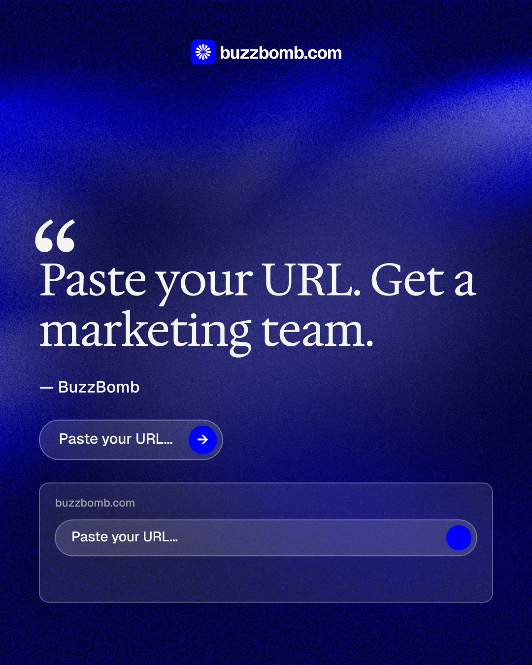 Instagram portrait post for BuzzBomb: "Your AI marketing team." Agentic glass style, quote layout, dark palette in blue.