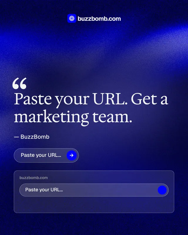 Instagram portrait post for BuzzBomb: "Your AI marketing team." Agentic glass style, quote layout, dark palette in blue.