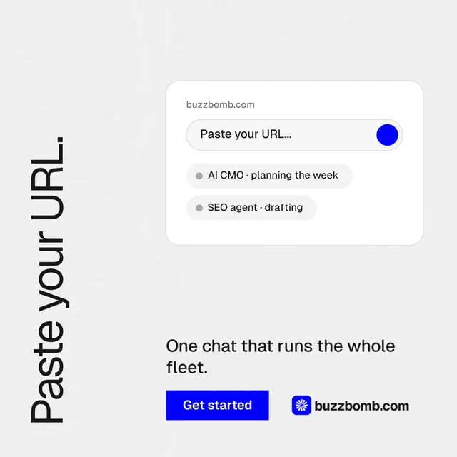 Instagram post for BuzzBomb: "Paste your URL." Swiss style, vertical layout, light palette in white, blue.