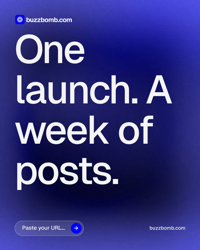 Instagram portrait post for BuzzBomb: "One launch. A week of posts." Agentic glass style, poster layout, dark palette in blue.