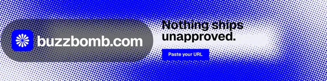 LinkedIn banner for BuzzBomb: "Nothing ships unapproved." Swiss style, logo hero layout, light palette in blue.