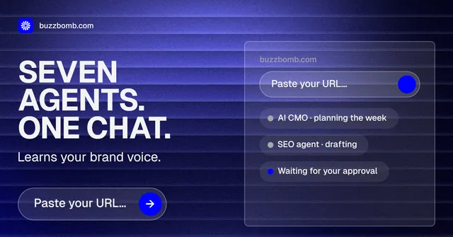 Social ad for BuzzBomb: "Seven agents. One chat." Agentic glass style, bottom layout, dark palette in blue.