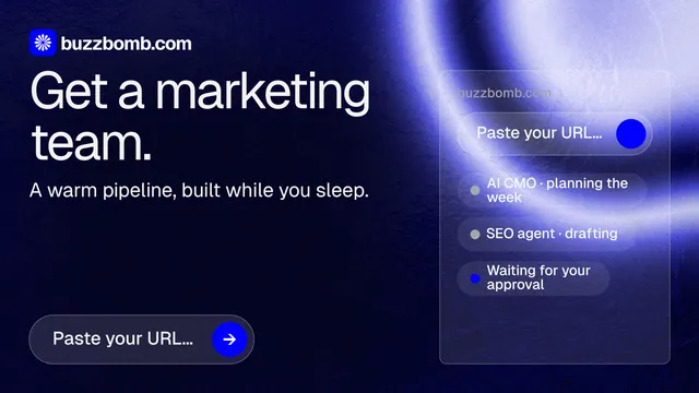 Landscape graphic for BuzzBomb: "Get a marketing team." Agentic glass style, skeleton layout, dark palette in black, blue.