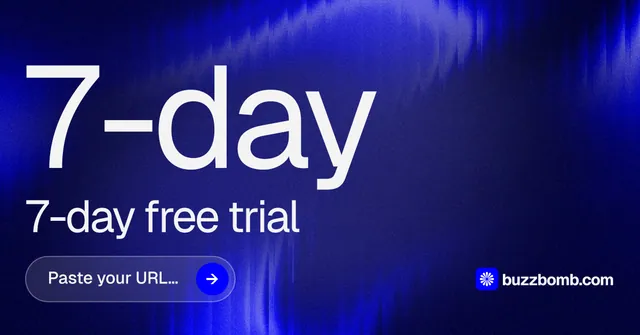 Social ad for BuzzBomb: "Seven agents. One chat." Agentic glass style, stat layout, dark palette in blue.