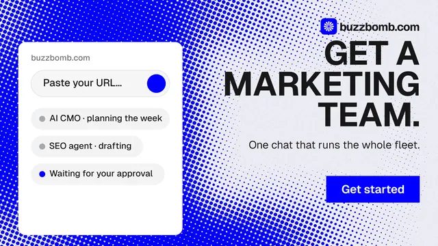Landscape graphic for BuzzBomb: "Get a marketing team." Swiss style, right layout, light palette in white, blue.