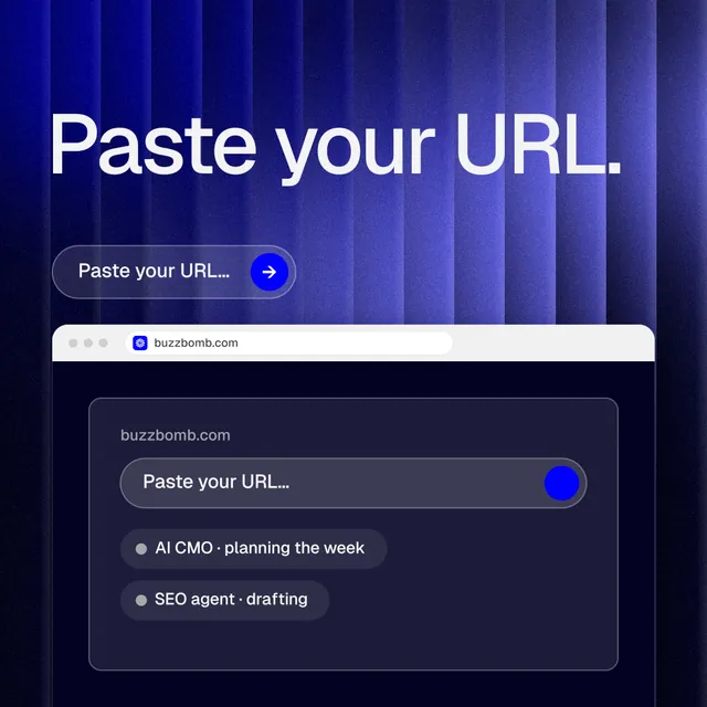 Instagram post for BuzzBomb: "Paste your URL." Agentic glass style, browser layout, dark palette in blue, black.