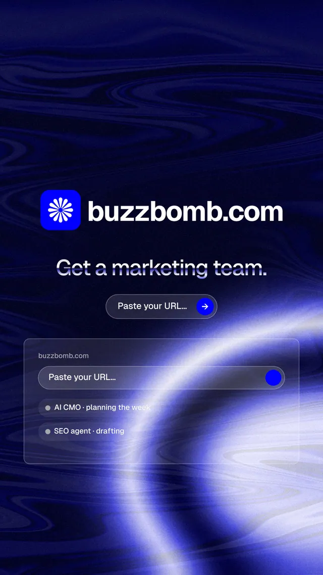 Instagram story for BuzzBomb: "Get a marketing team." Agentic glass style, logo hero layout, dark palette in blue, black.