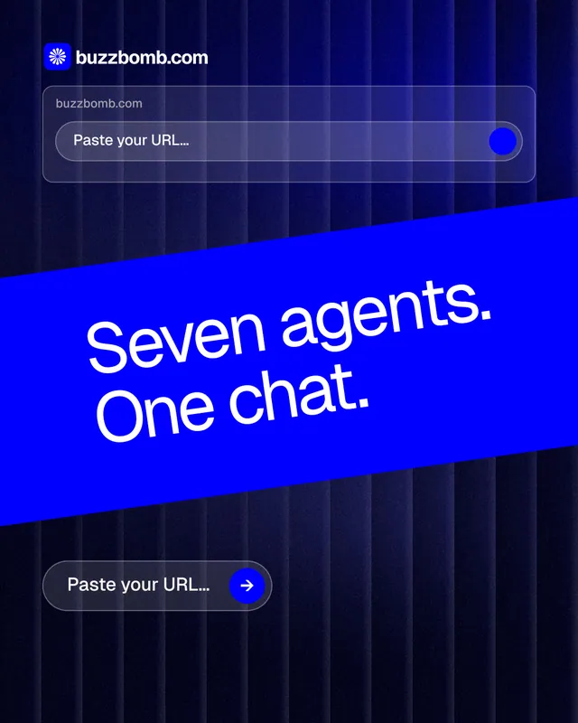 Instagram portrait post for BuzzBomb: "Seven agents. One chat." Agentic glass style, diagonal layout, dark palette in blue.
