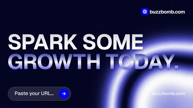 Landscape graphic for BuzzBomb: "Spark some growth today." Agentic glass style, poster layout, dark palette in black, blue.