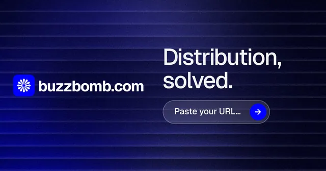 Social ad for BuzzBomb: "Distribution, solved." Agentic glass style, logo hero layout, dark palette in blue, black.