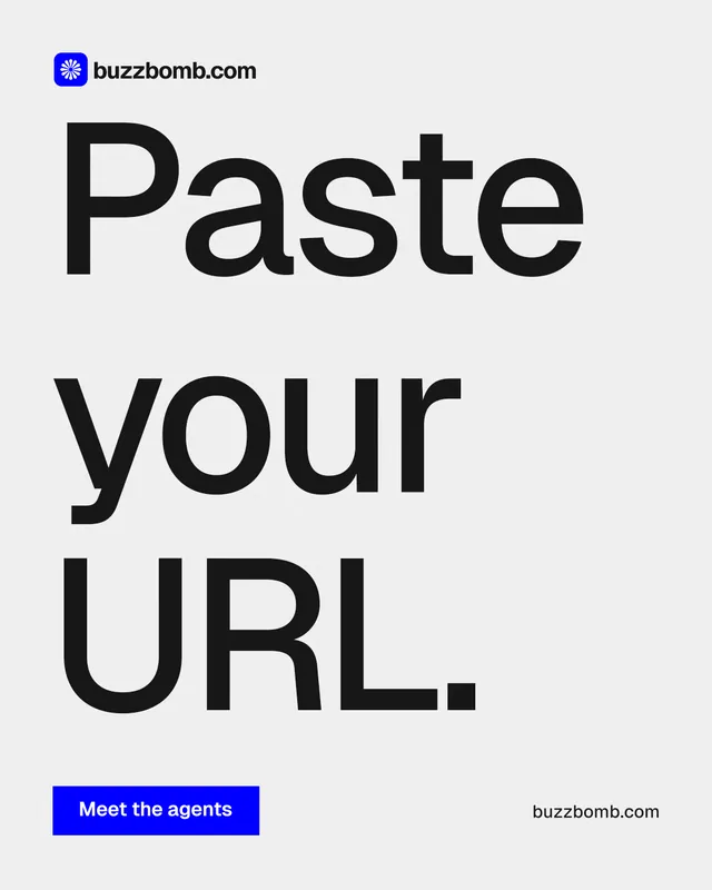 Instagram portrait post for BuzzBomb: "Paste your URL." Swiss style, poster layout, light palette in white, grey.