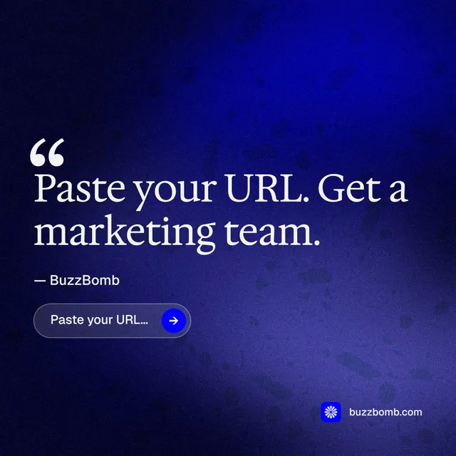 Instagram post for BuzzBomb: "Spark some growth today." Agentic glass style, quote layout, dark palette in black, blue.