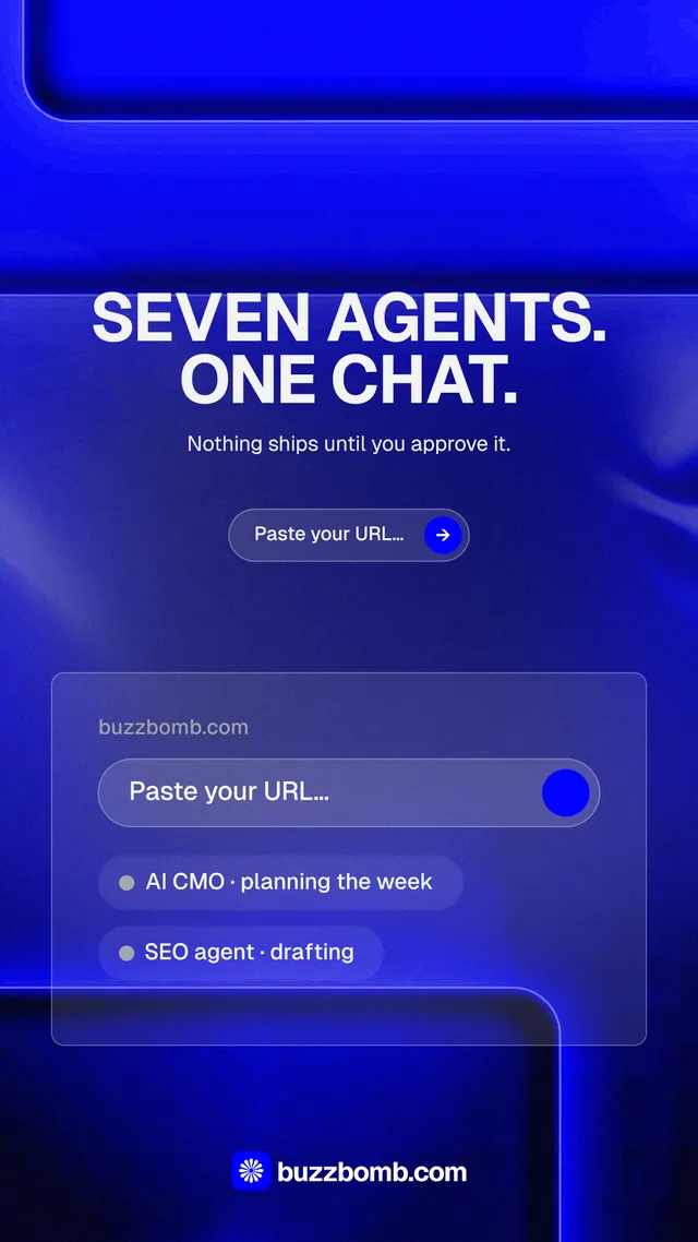 Instagram story for BuzzBomb: "Seven agents. One chat." Agentic glass style, centred layout, dark palette in blue.
