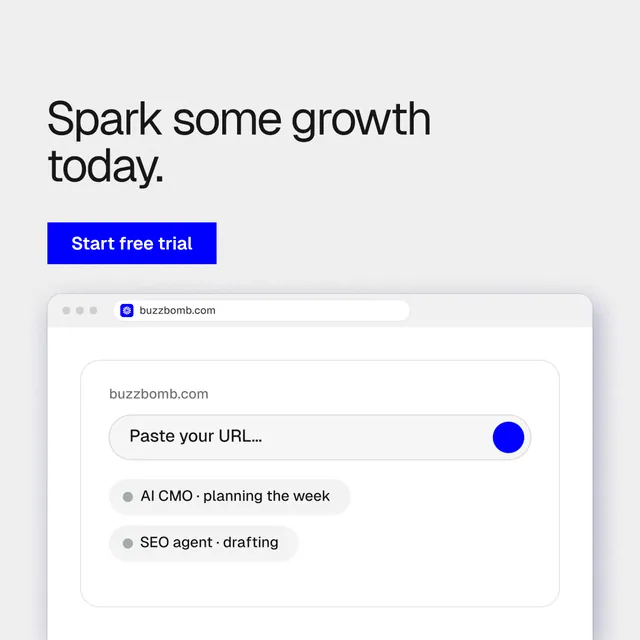 Instagram post for BuzzBomb: "Spark some growth today." Swiss style, browser layout, light palette in white, blue.