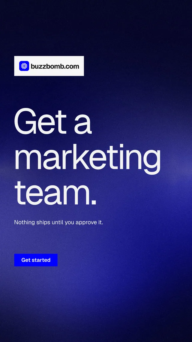 Instagram story for BuzzBomb: "Get a marketing team." Swiss style, announce layout, dark palette in black, blue.