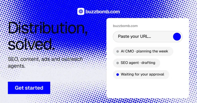 Social ad for BuzzBomb: "Distribution, solved." Swiss style, bottom layout, light palette in blue, white.