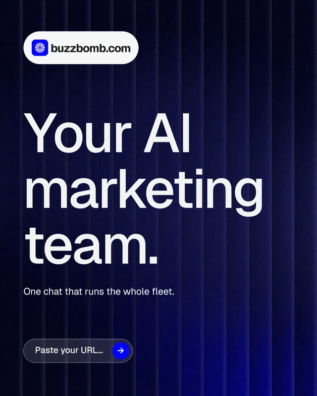 Instagram portrait post for BuzzBomb: "Your AI marketing team." Agentic glass style, announce layout, dark palette in black, blue, grey.