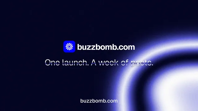 Landscape graphic for BuzzBomb: "One launch. A week of posts." Agentic glass style, end card layout, dark palette in black, blue.