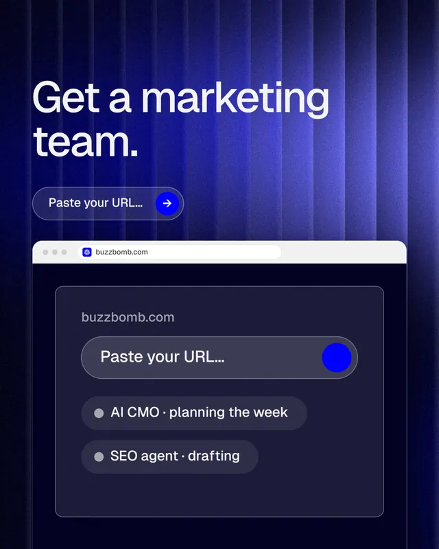 Instagram portrait post for BuzzBomb: "Get a marketing team." Agentic glass style, browser layout, dark palette in blue, black.