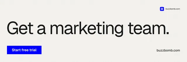 X header for BuzzBomb: "Get a marketing team." Swiss style, poster layout, light palette in white, grey.