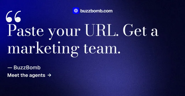 Social ad for BuzzBomb: "Spark some growth today." Minimal luxury style, quote layout, dark palette in black, blue.