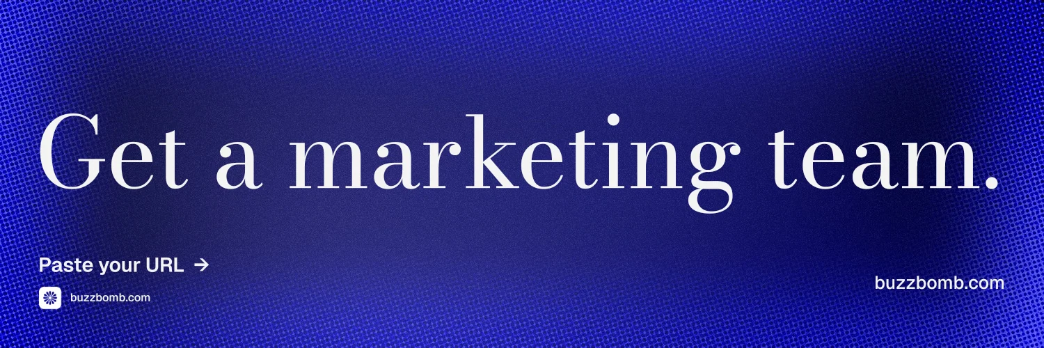 X header for BuzzBomb: "Get a marketing team." Minimal luxury style, poster layout, dark palette in blue.