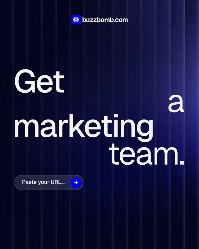 Instagram portrait post for BuzzBomb: "Get a marketing team." Agentic glass style, stacked layout, dark palette in black, blue, grey.