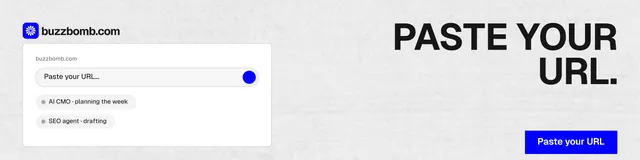 LinkedIn banner for BuzzBomb: "Paste your URL." Swiss style, right layout, light palette in white, blue.