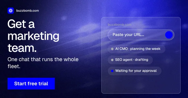 Social ad for BuzzBomb: "Get a marketing team." Swiss style, bottom layout, dark palette in black, blue.