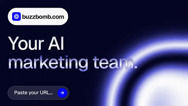 Landscape graphic for BuzzBomb: "Your AI marketing team." Agentic glass style, announce layout, dark palette in black, blue.