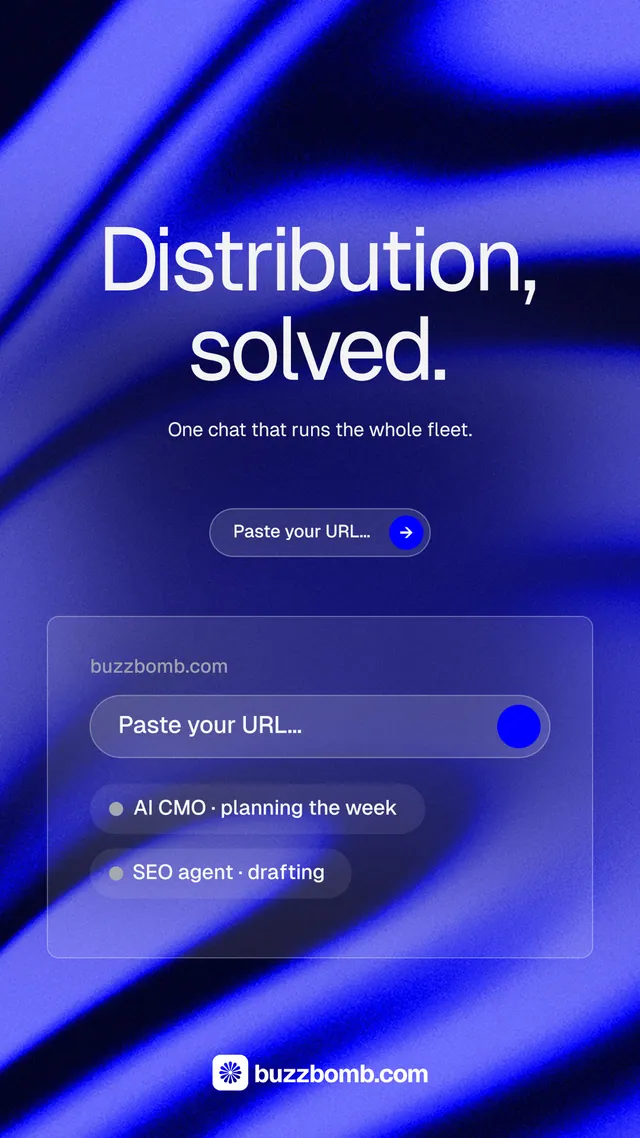 Instagram story for BuzzBomb: "Distribution, solved." Agentic glass style, centred layout, dark palette in blue.