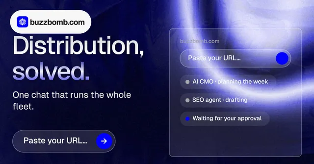 Social ad for BuzzBomb: "Distribution, solved." Agentic glass style, bottom layout, dark palette in blue, black.