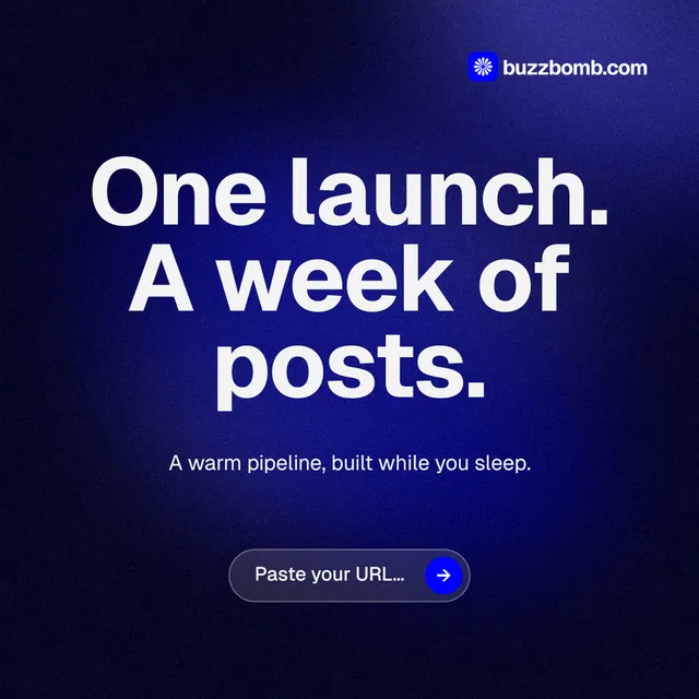 Instagram post for BuzzBomb: "One launch. A week of posts." Agentic glass style, centred layout, dark palette in black, blue.