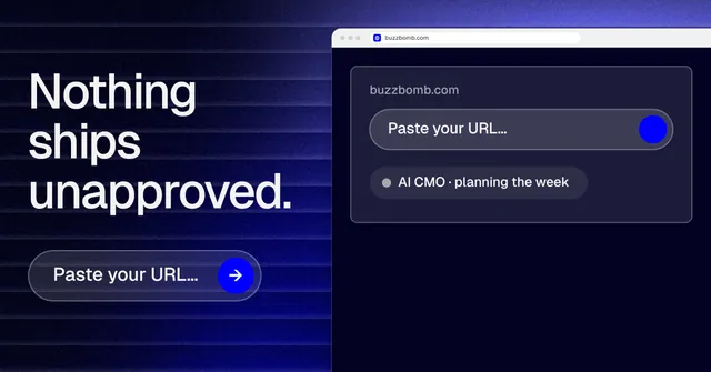 Social ad for BuzzBomb: "Nothing ships unapproved." Agentic glass style, browser layout, dark palette in black, blue, grey.