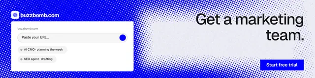 LinkedIn banner for BuzzBomb: "Get a marketing team." Split block style, right layout, light palette in blue, white.