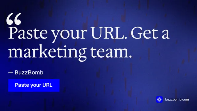 Landscape graphic for BuzzBomb: "Get a marketing team." Swiss style, quote layout, dark palette in blue.