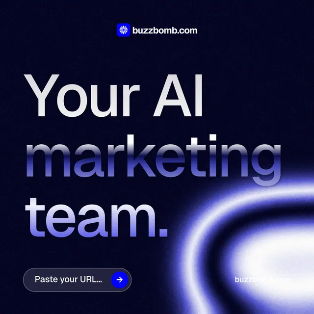 Instagram post for BuzzBomb: "Your AI marketing team." Agentic glass style, poster layout, dark palette in black, blue.