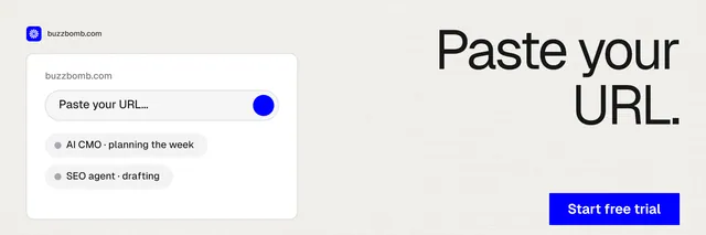X header for BuzzBomb: "Paste your URL." Swiss style, right layout, light palette in white, blue.