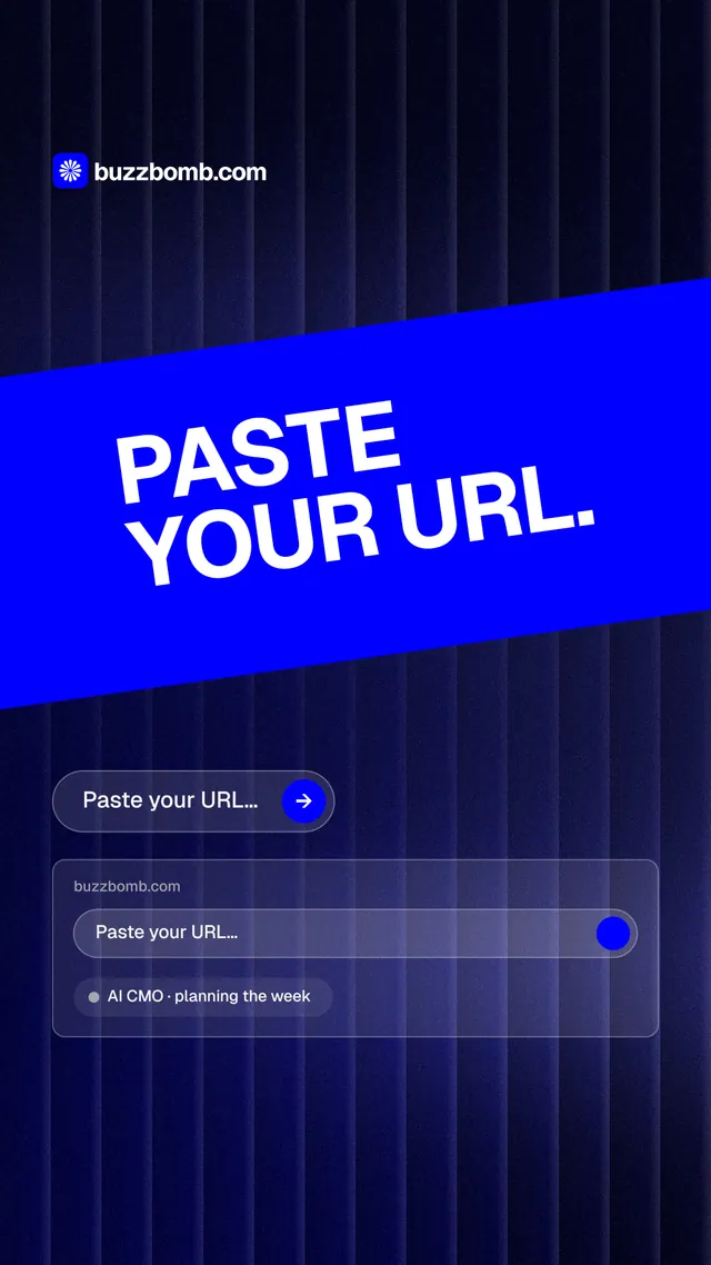 Instagram story for BuzzBomb: "Paste your URL." Agentic glass style, diagonal layout, dark palette in blue, black.
