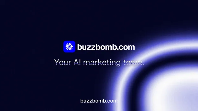 Landscape graphic for BuzzBomb: "Your AI marketing team." Agentic glass style, end card layout, dark palette in black, blue.