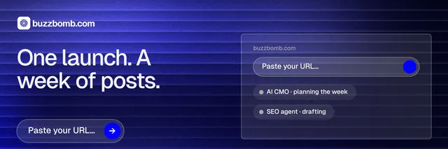 X header for BuzzBomb: "One launch. A week of posts." Agentic glass style, bottom layout, dark palette in blue.