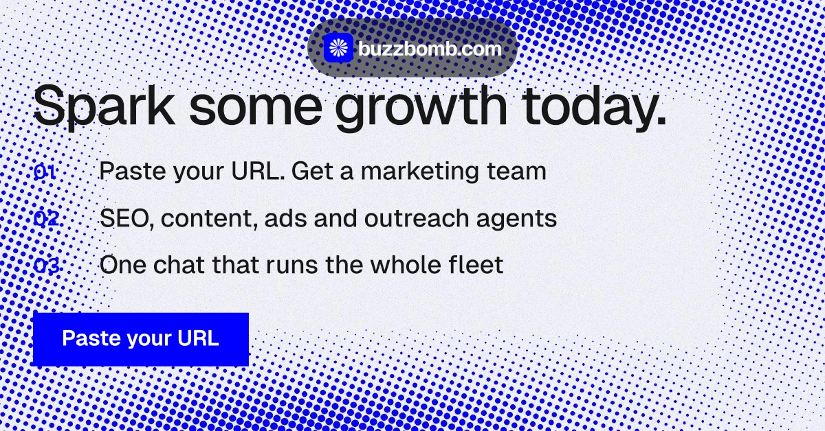 Social ad for BuzzBomb: "Spark some growth today." Split block style, numbered layout, light palette in blue, white.